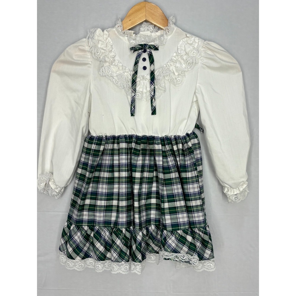 Miss Quality Dress Girls White Green Plaid Ruffled Lace Collar Outdoor 5 Vintage